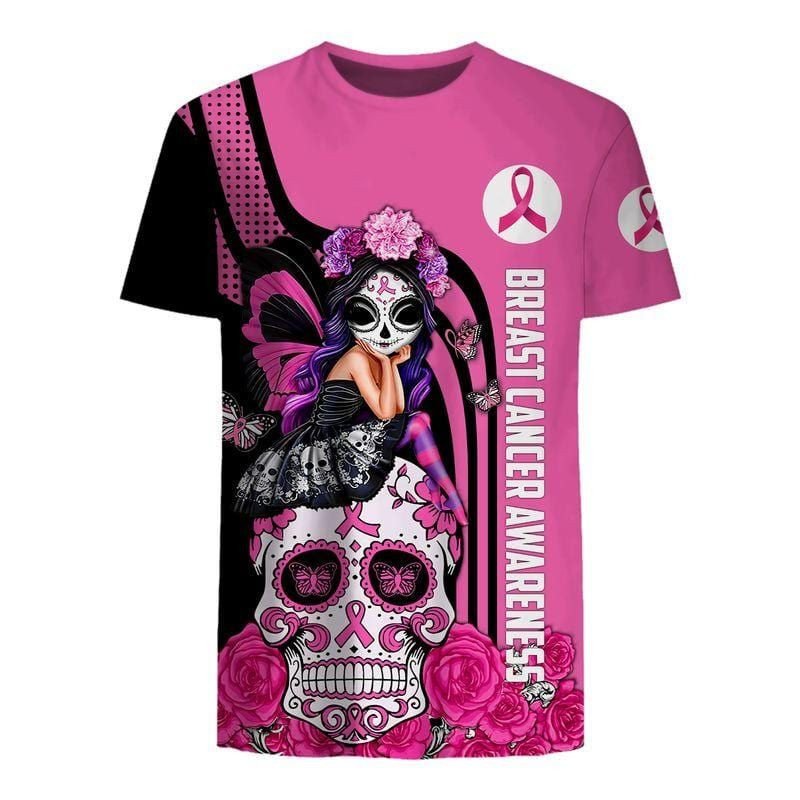 Skull Girl Breast Cancer Awareness Unisex T-Shirt 3D #Kv