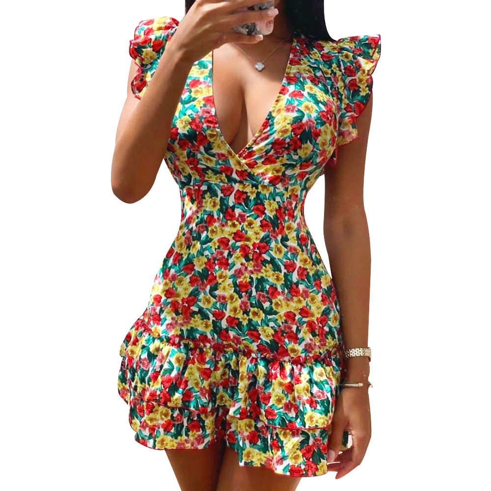 Women Summer Beach Dress Deep V Neck Vintage Floral Ruffle Dress Fashion Sleeveless Party Dress Summer Mini Dresses Vestidos alx