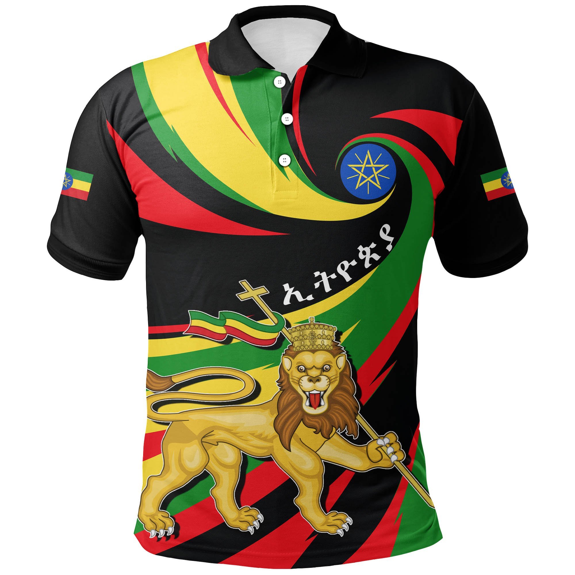 1stTheWorld Polo Shirt Ethiopia Flag Lion Map A30