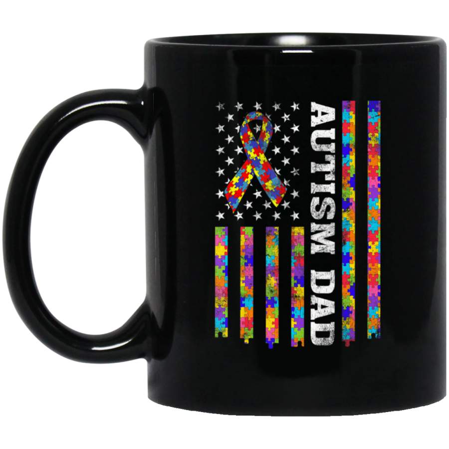 Autism Awareness Proud Autism Dad Vintage USA Flag Gift Men 11oz 15oz Black Mug Idea 2nd April Puzzle Ribbon Support Autism Dad Mom Kids Autistic