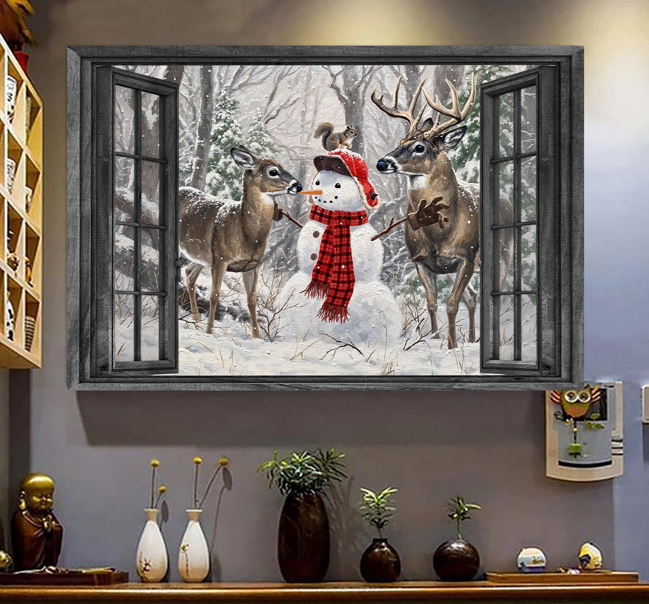 Blacktail Deer Snowman 3D Wall Art Painting Hunting Lover Home Decoration Gift Idea Noel Gift Father Day