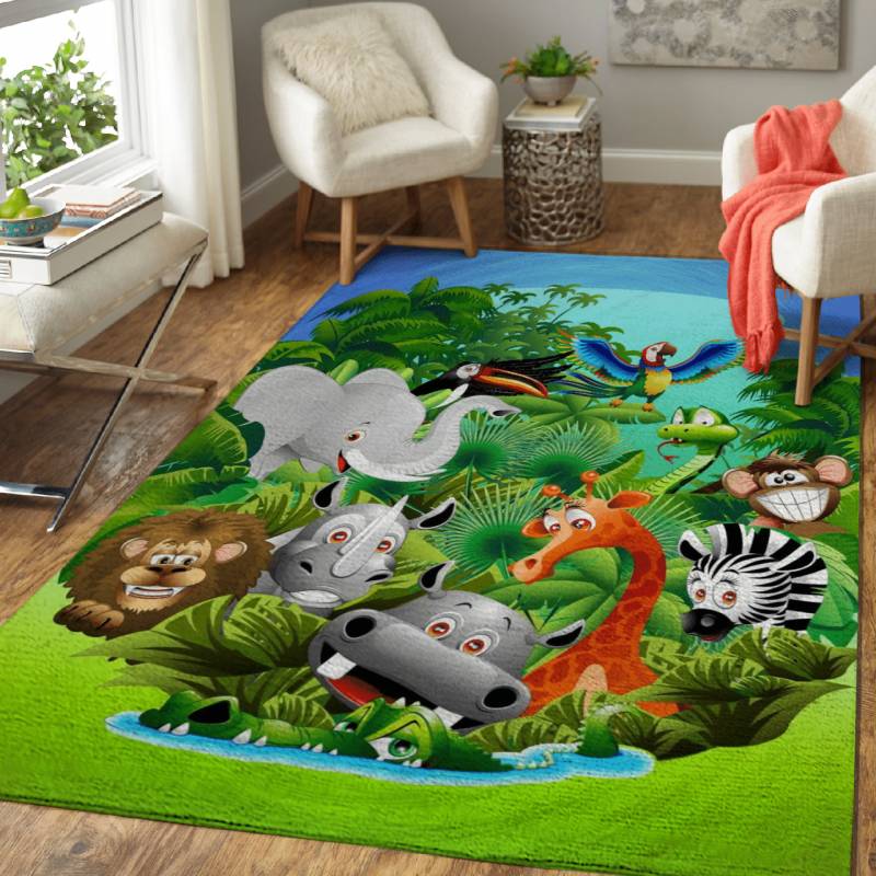 Wild Animals Cartoon on Jungle – Animal Art Area Rug Carpet