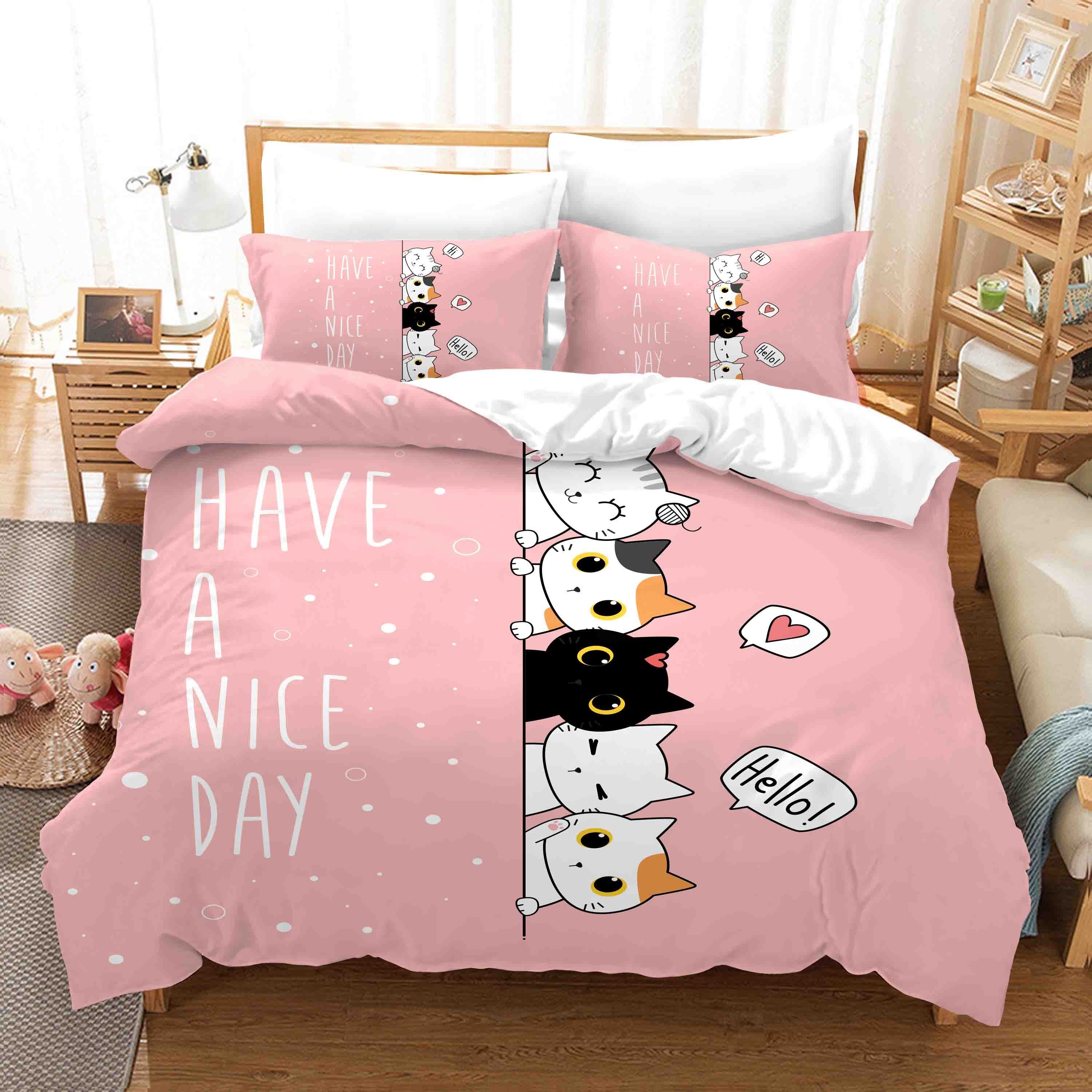 3D Cartoon Pink Animal Cat  Quilt Cover Set Bedding Set Duvet Cover Pillowcases 3