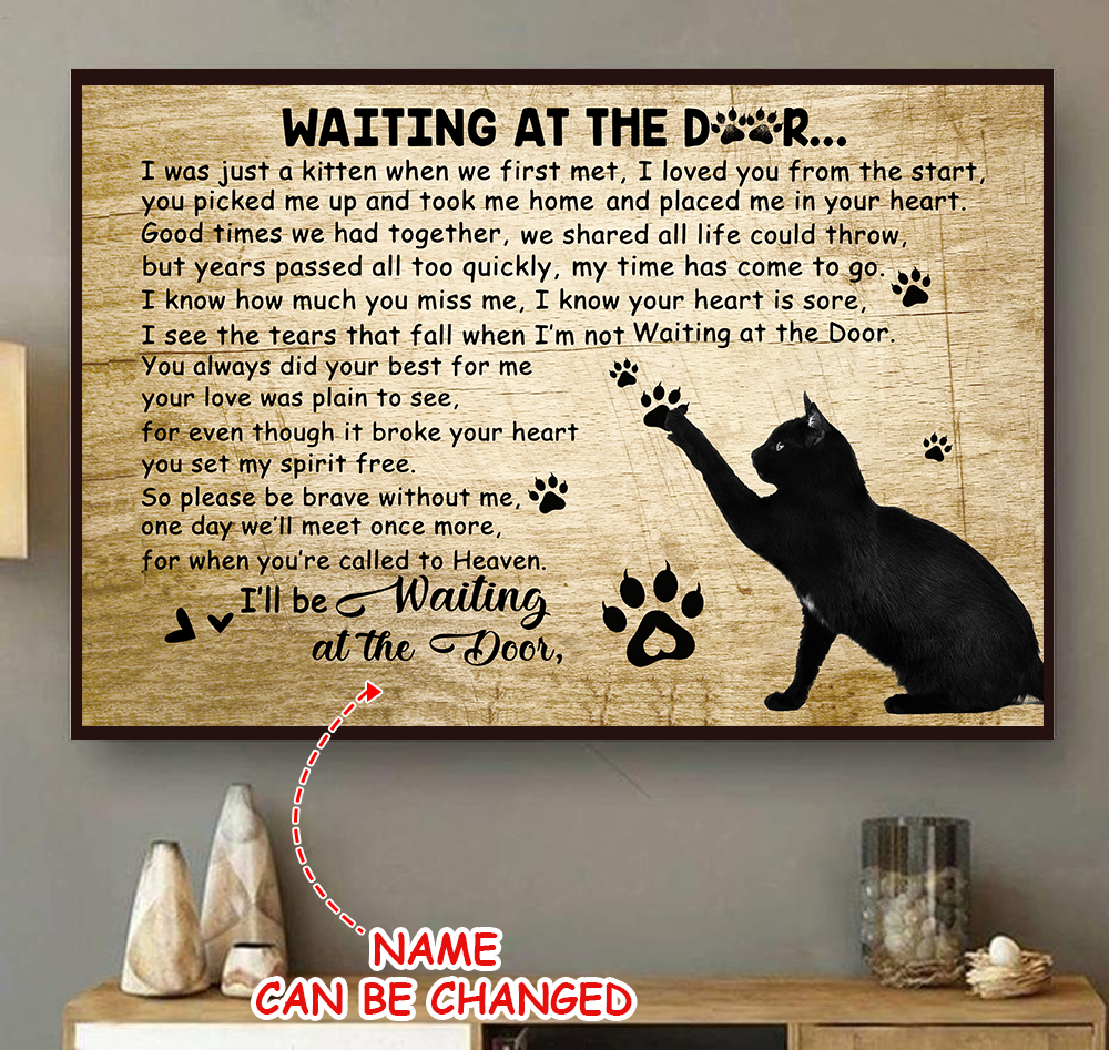 Black Cat Canvas Painting Art Home Decoration Cat Waiting At The Door Custom Name Personalized