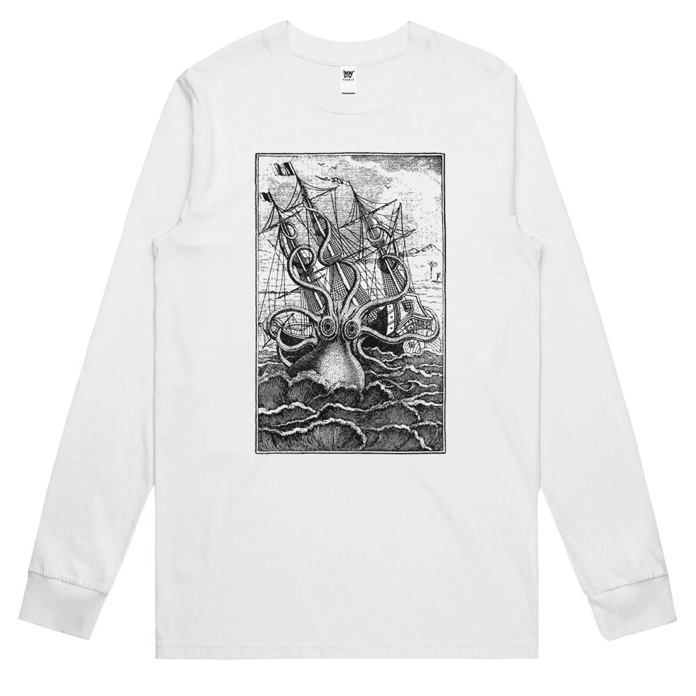 Vintage Kraken Attacking Ship Illustration Long Sleeve T Shirts