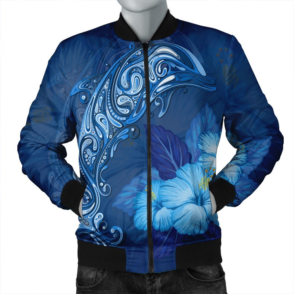 Hawaiian Dolphin Hibiscus Tropic Blue Polynesian Bomber Jacket