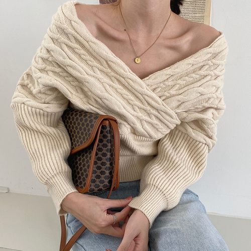 2021 New Thick Warm Ladies Sexy V-neck Strapless Pullover Irregular Pullover Fashion Short Loose Knit Sweater Green White alx