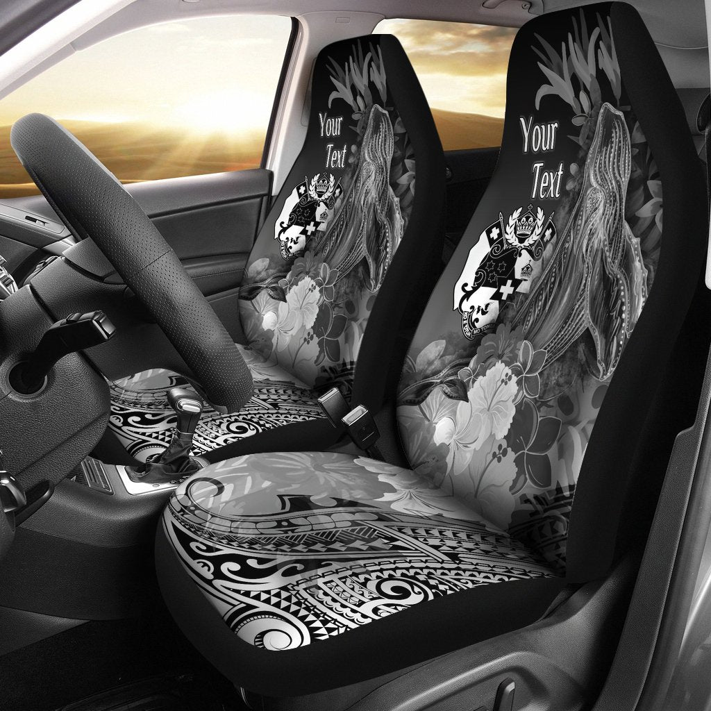 Tonga Custom Personalised Car Seat Covers – Humpback Whale With Tropical Flowers (White)