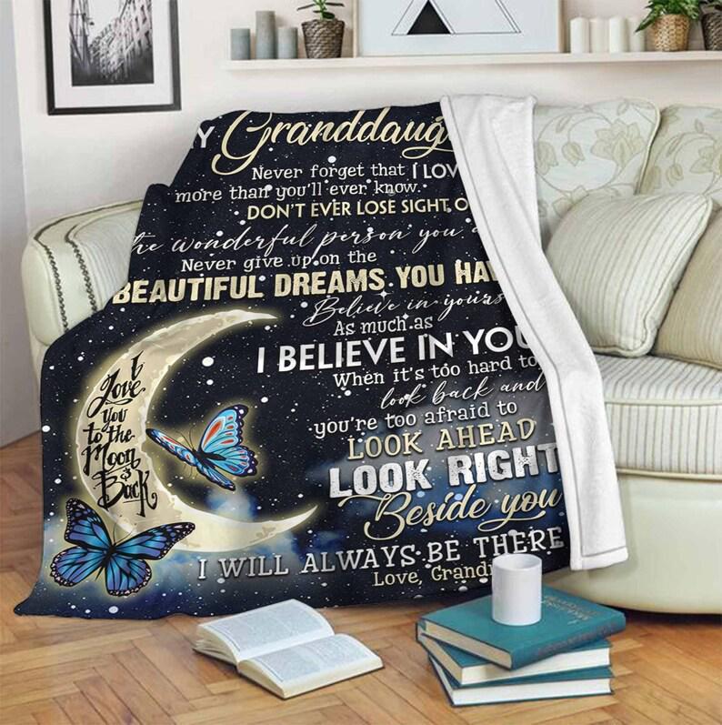 To My Granddaughter Blanket, I Love You To The Moon And Back, Gift For Granddaughter Family Home Decor Bedding Couch Sofa Soft And Comfy Cozy