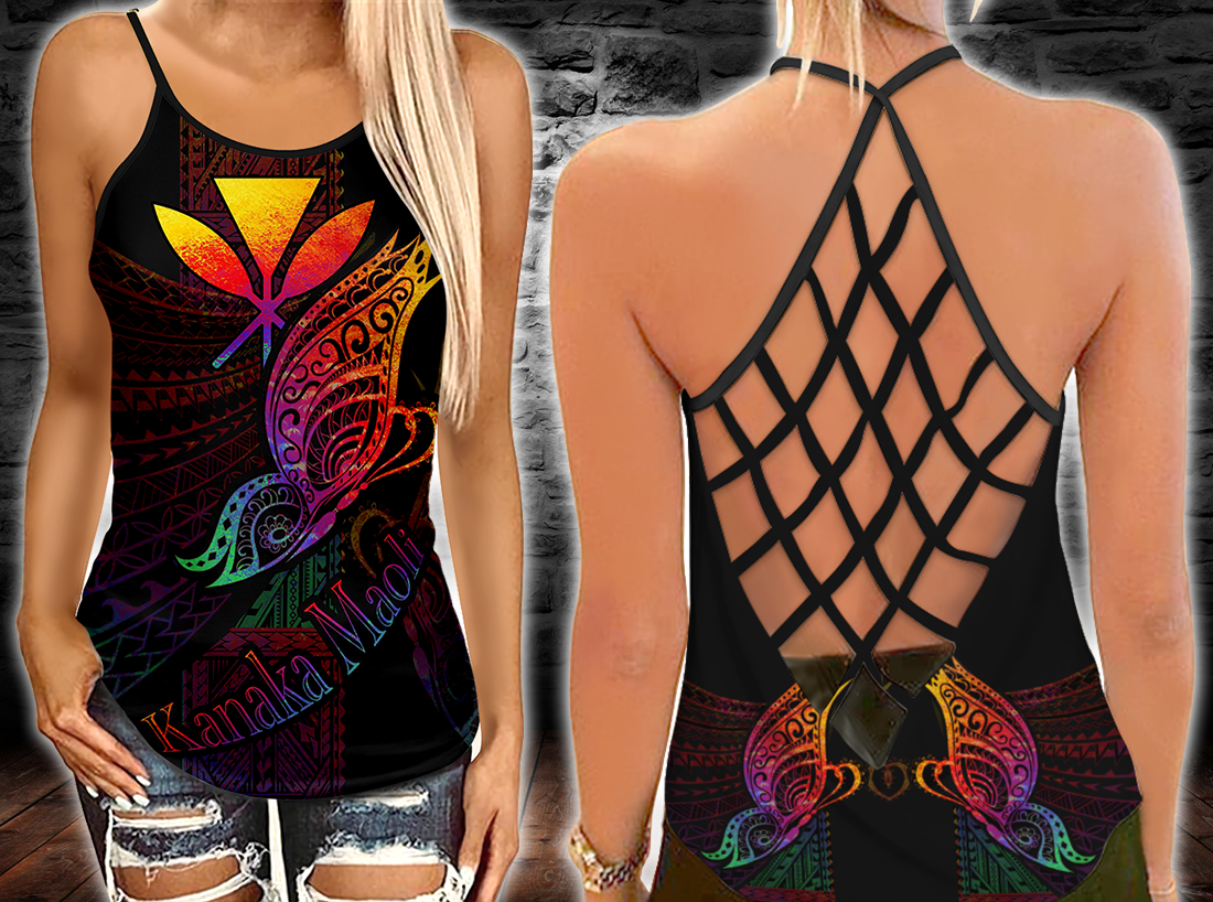 Hawaii Kanaka Maoli – Butterfly Polynesian Style Criss-Cross Tanktop