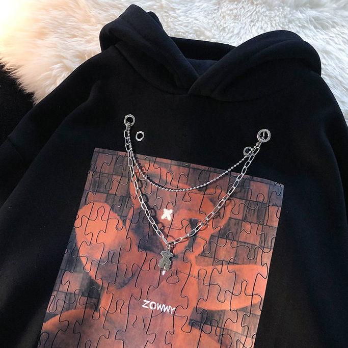 2022 winter new style plus velvet niche lazy wind loose sweater female bear puzzle hooded couple jacket trend caja misteriosa alx