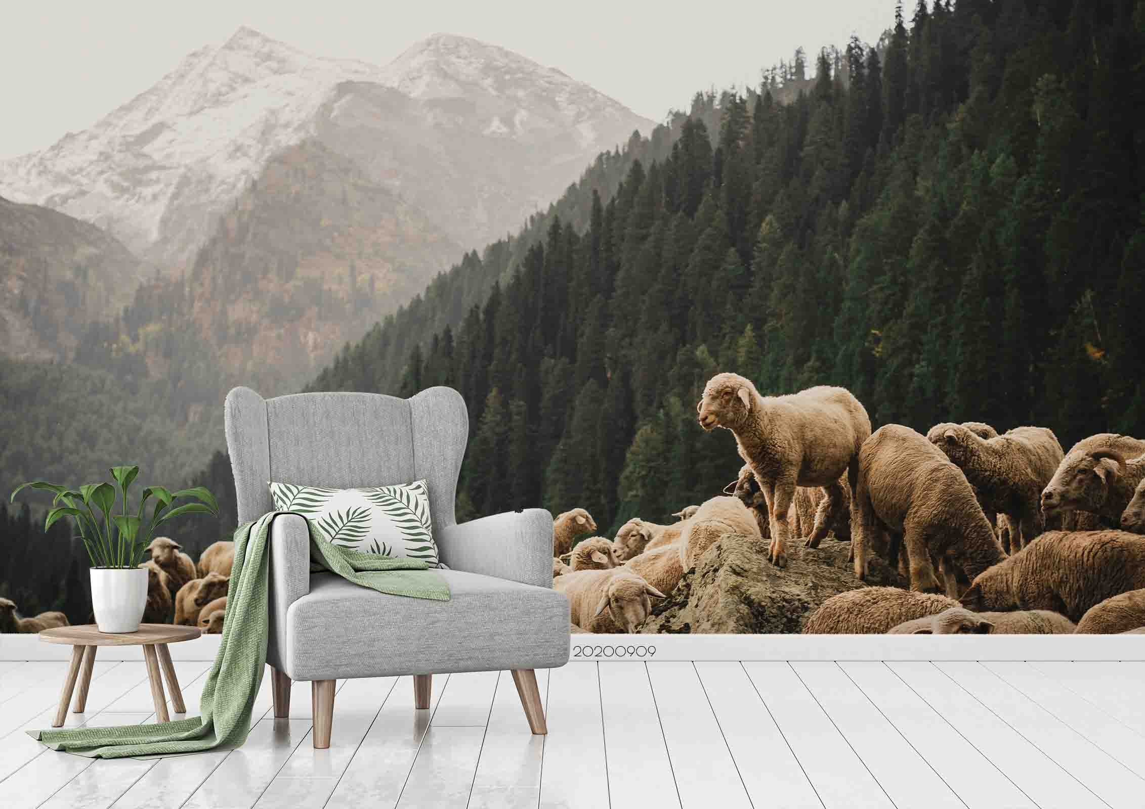 3D Ice Mountain Green Forest Sheep Animal Wall Mural Wallpaper Lxl