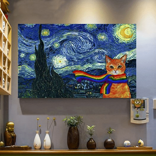 The Starry Night Cats For Men And Women Home Living Room Wall Decor Horizontal Poster Canvas
