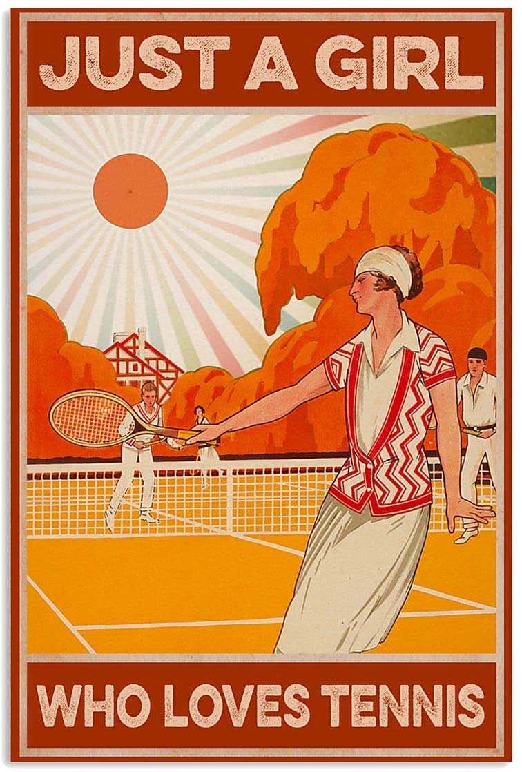 Vintage Girl Playing Tennis – Just A Girl Loves Tennis Poster Art Print      Home Decor Gift For Men Women Family Frd On Birthday Xmas