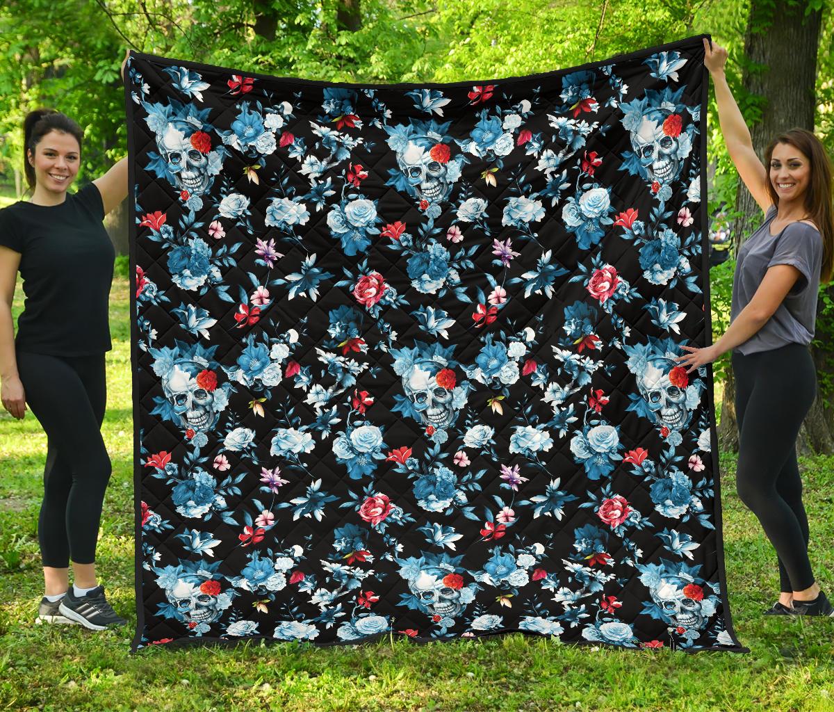 Skull Flower Roses Leave Pattern Premium Quilt