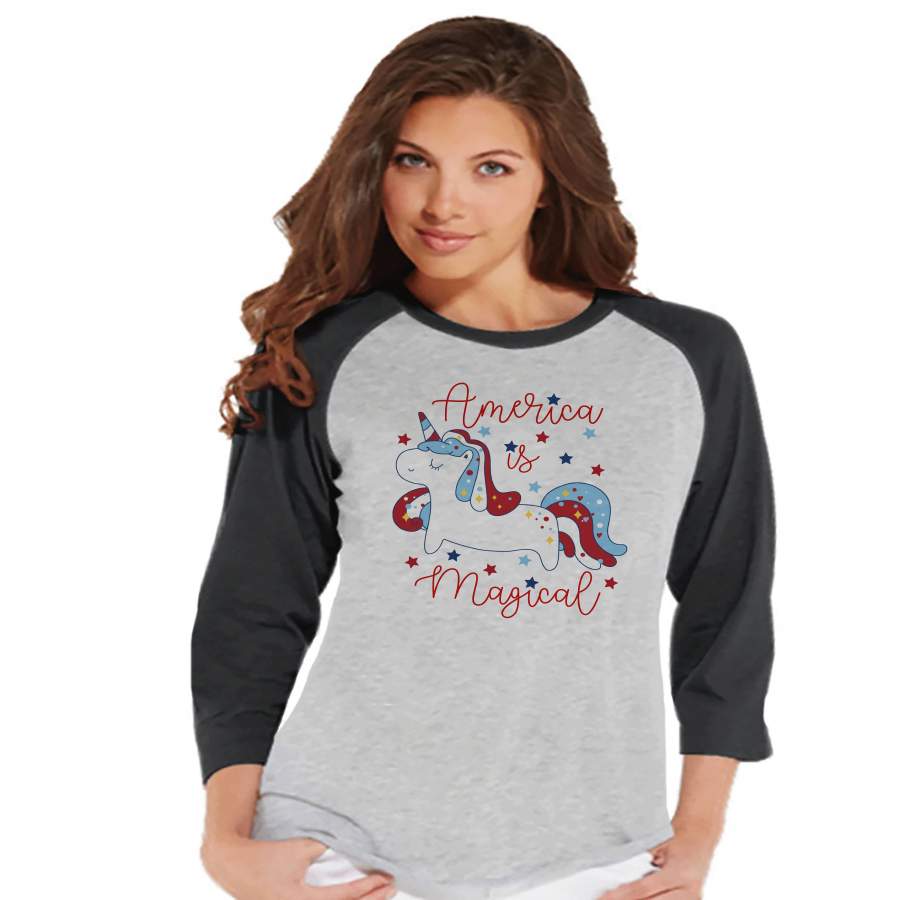 Women’s Unicorn Shirt – America is Magical – 4th of July Shirt – Unicorn Tshirt – Womens Grey Raglan – Patriotic Unicorn – Gift for Her