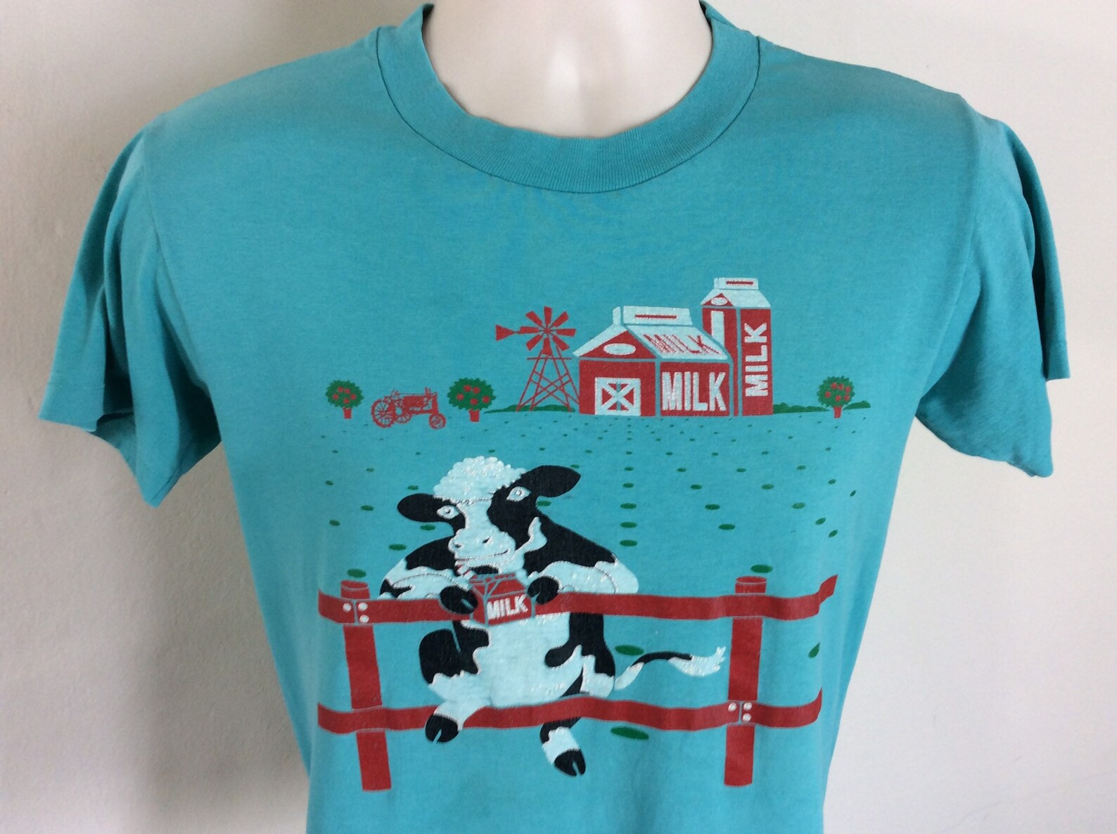 Vtg 80S Early 90S Cow Drinking Milk T Shirt Blue S Farm Animal Funny