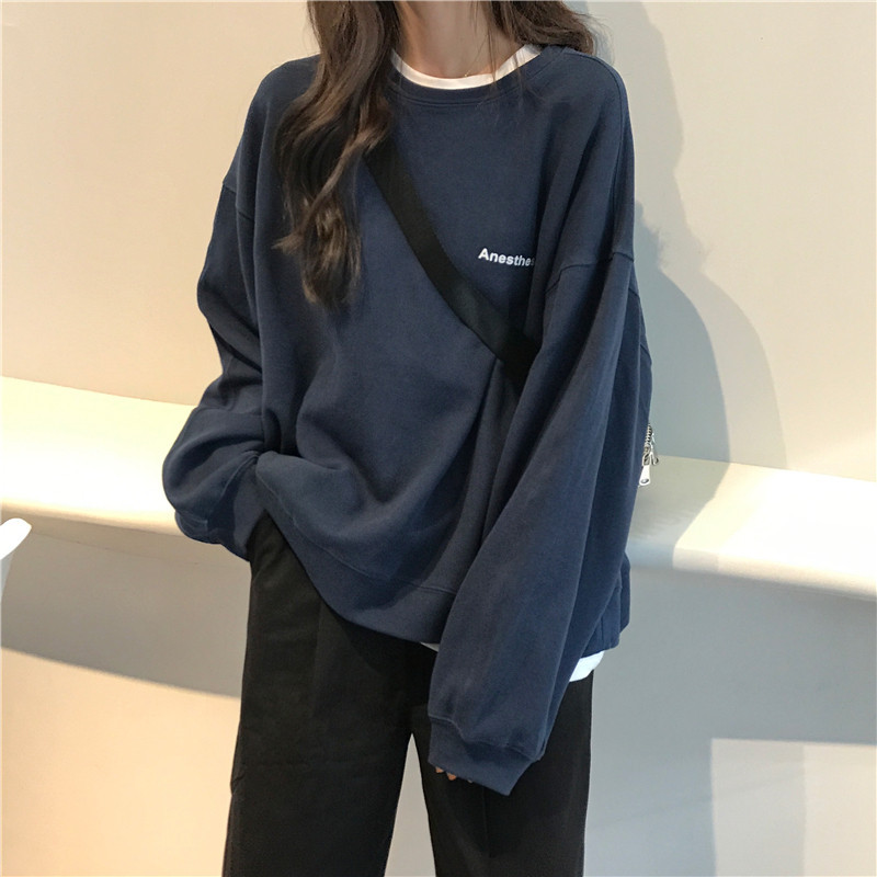 2021 New Kpop Letter Hoody Fashion Korean Thin Chic Women’s Sweatshirts Cool Navy Blue Gray Hoodies for Women alx