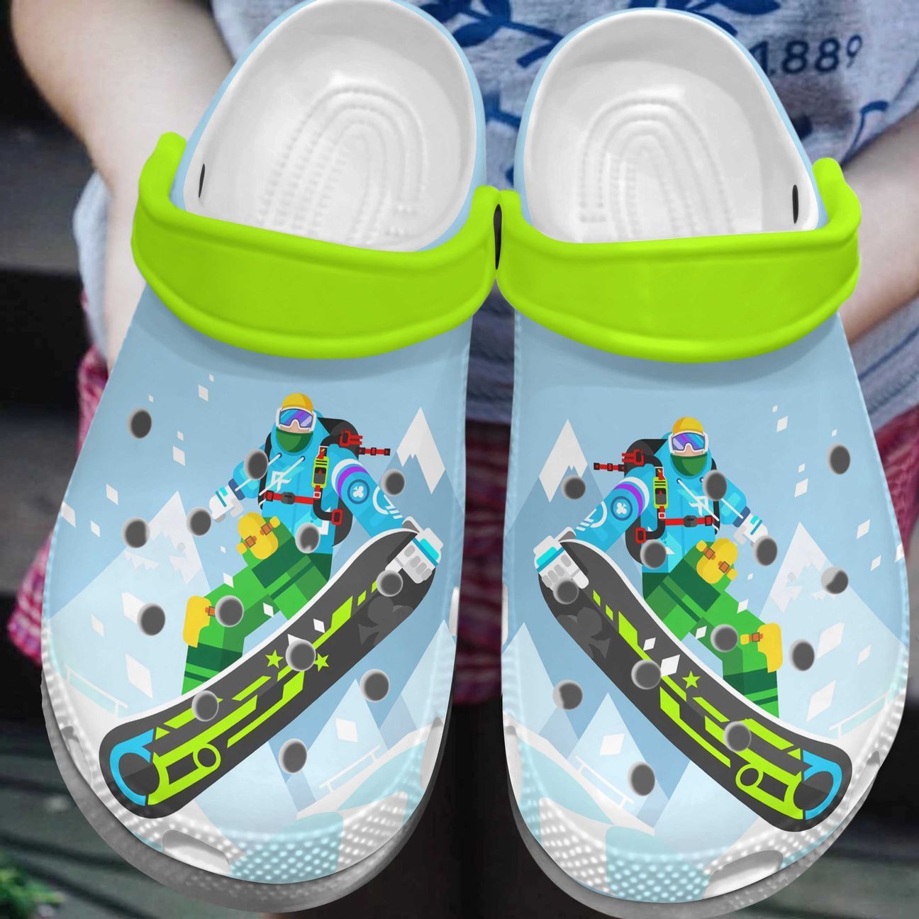 Skiing Personalized Clog, Custom Name, Text, Color, Number Fashion Style For Women, Men, Kid, Print 3D Green Skiing