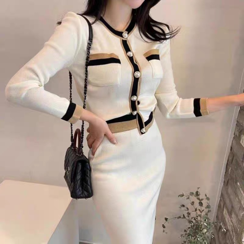 Autumn Runway Korean Women’s Clothes Luxury Cardigan Coat Top + High Quality Elegant Sweet Stripe Retro Skirts 2 Pieces Set Suit alx