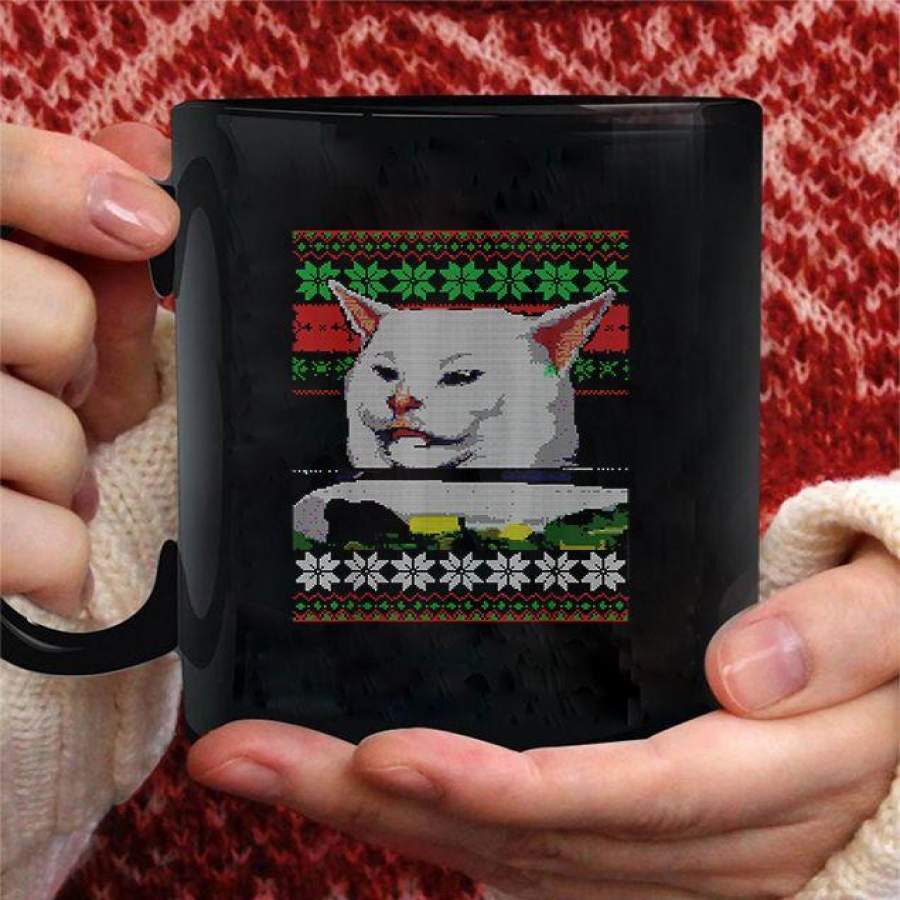 Yelling at a Cat Ugly christmas  Meme Deign coffee mug – Black Mug