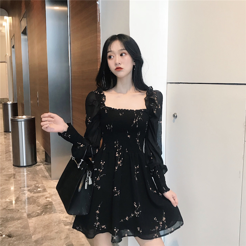 Summer Dress Women Vintage Flower Print Long Sleeve Black Party Dress Korea Casual Mini Dress Beach Boho Elastic Slash Neck W089 alx