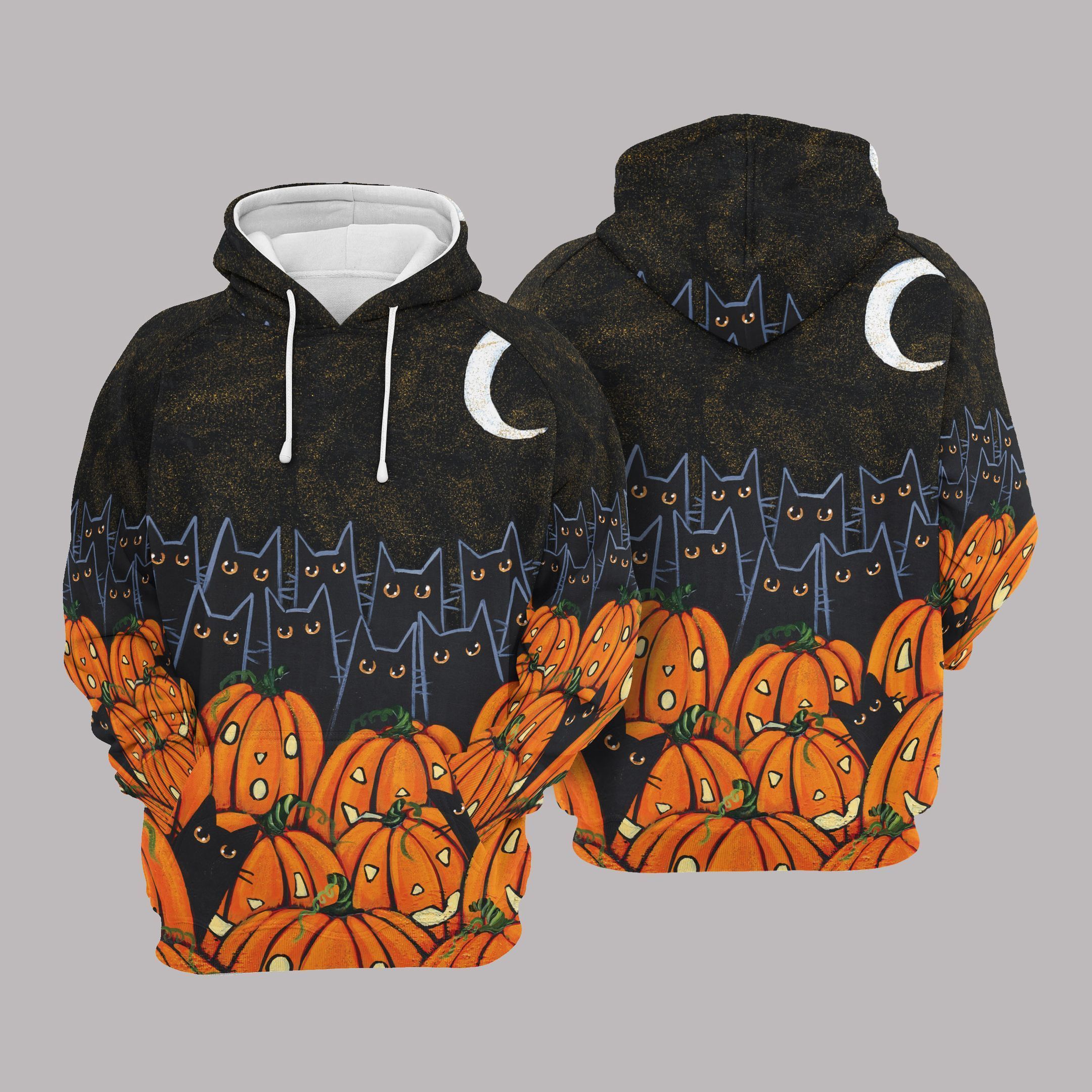 3D Hoodies Black Cat Halloween Pattern, Halloween Gift For Cat Lovers