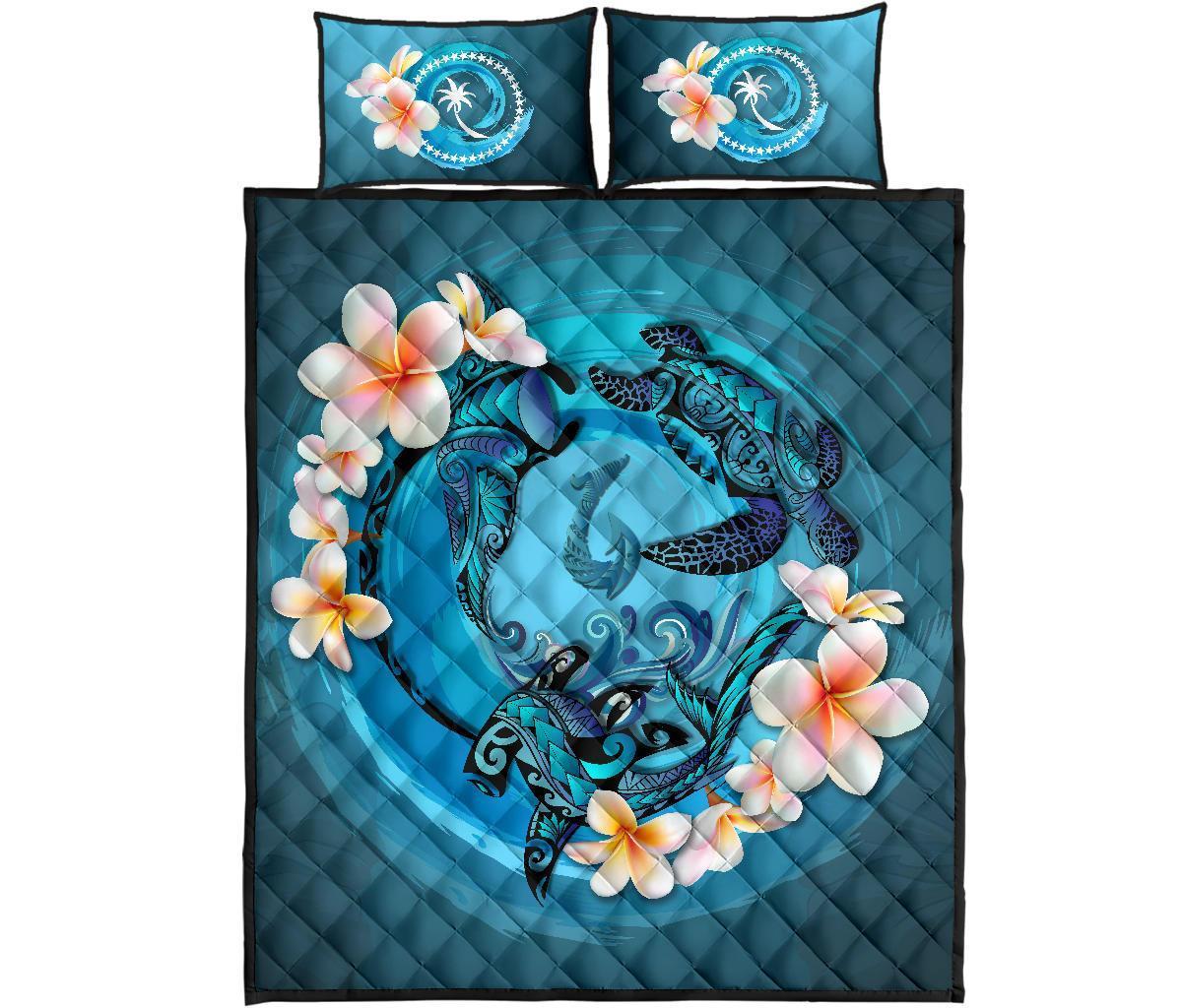 Chuuk Polynesian Quilt Bed Set – Blue Plumeria Animal Tattoo A24