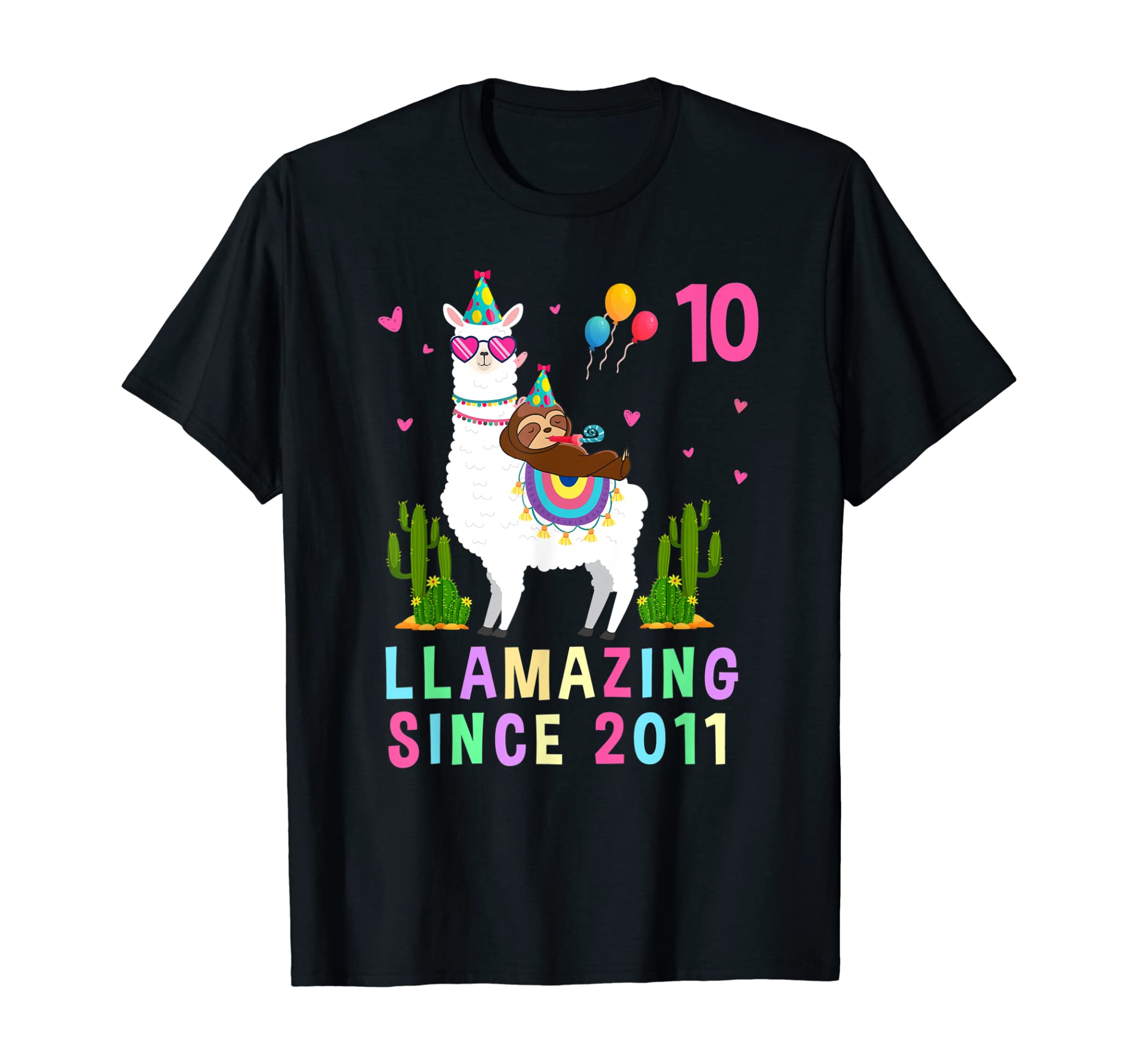 10 Years Old 10th Birthday Sloth Riding Llama Girls Kids T-Shirt