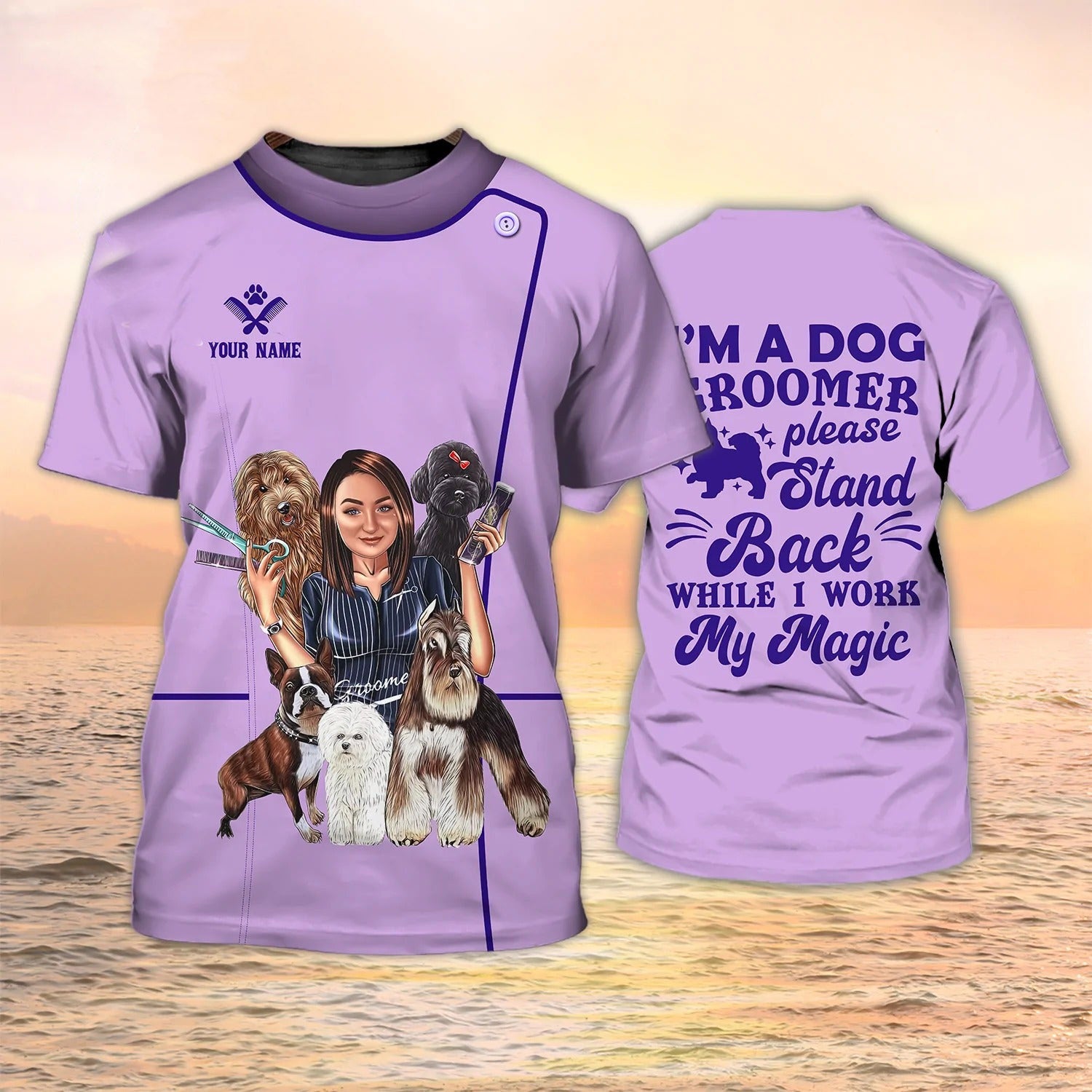 Custom 3D Purple Dog Groomer Shirt Men Women, I Am A Dog Groomer, Grooming Uniform, Groomer Gifts