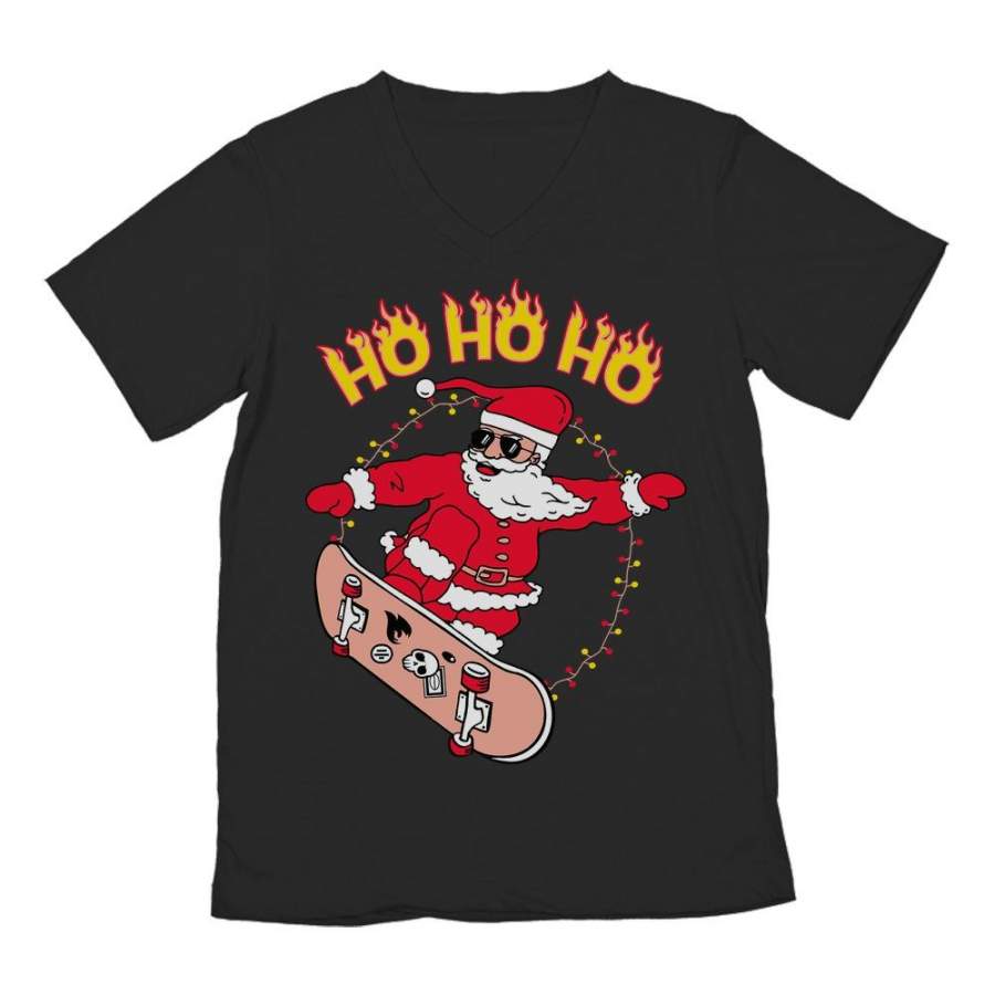 Skateboarding Skater Santa Ho Ho Ho Ugly Christmas V-Neck T-Shirt