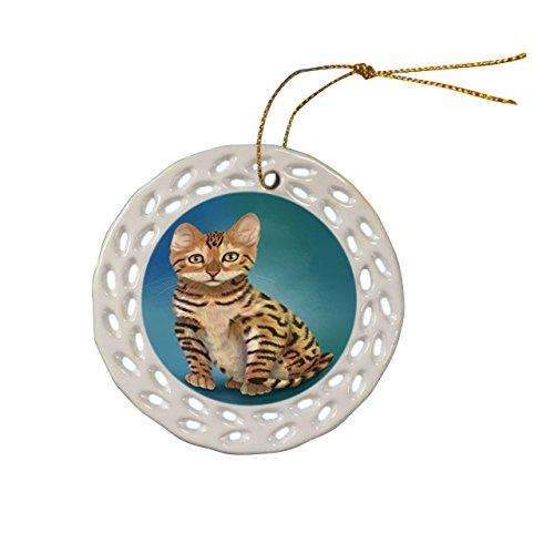 Chinese Hua Kitten Cat Christmas Doily Ceramic Ornament