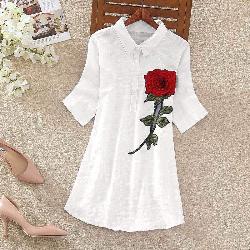 White Long Shirt Women Office Blouse Plus size Cotton Linen Vintage Embroidery Short sleeve Ladies Summer Tops Casual 4XL 5XL alx