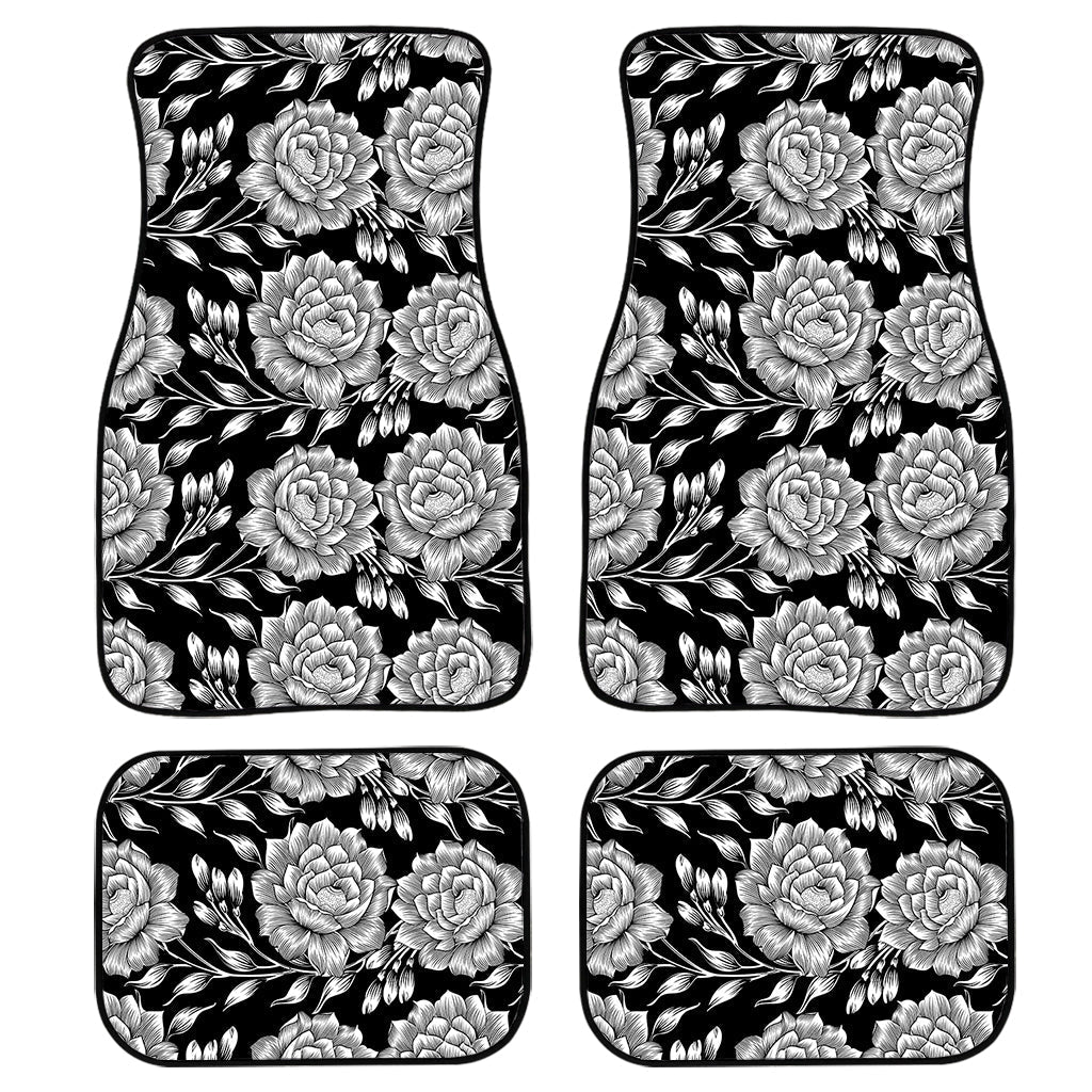 Vintage Black And White Floral Print Front And Back Car Floor Mats, Front Car Mat