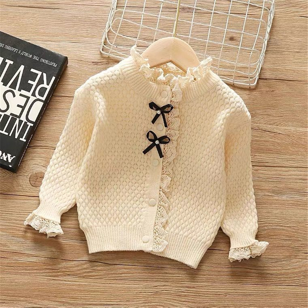 2022 New Arrival Children Autumn Winter Sweaters Korean Style Kids Girls Knitted Sweaters Lace Bow Stitching Cardigan 12M-6Y alx