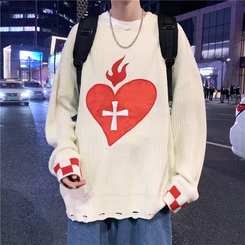 American street lazy jacket love hole high street fashion brand knitted sweater men autumn and winter alx