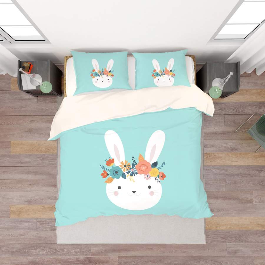 3D Blue Rabbit Head Floral Quilt Cover Set Bedding Set Duvet Cover Pillowcases SF52