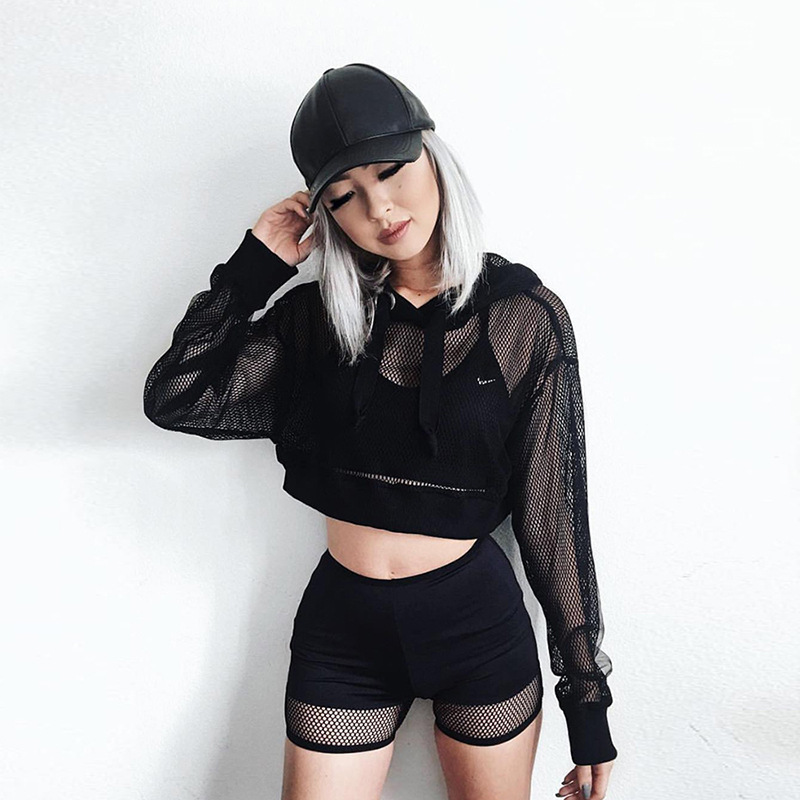 Womens Hollow Mesh Net Hooded T-Shirt Spring Autumn Long Sleeve Tee Tops 2021 Transparent Black Sexy Clubwear Party alx