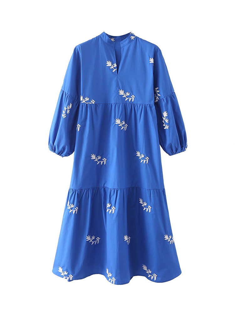 XEASY Women Embroidered Dress 2022 Summer Elegant Cotton Wide O Neck Puff Sleeve Chic Ladies Midi Dress alx