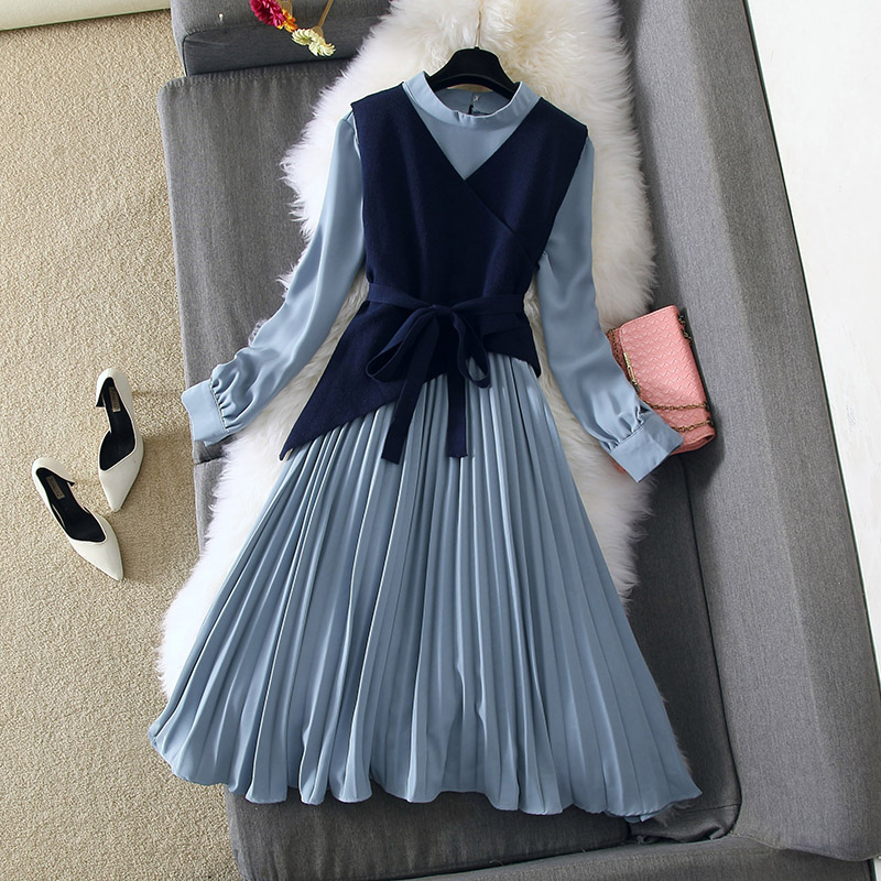 Winter Dress for women Suit Elegant Long Sleeve Knit Bodycon Mid-Calf Long Sweater Pleated Dress Set Casual Female Full Dress alx