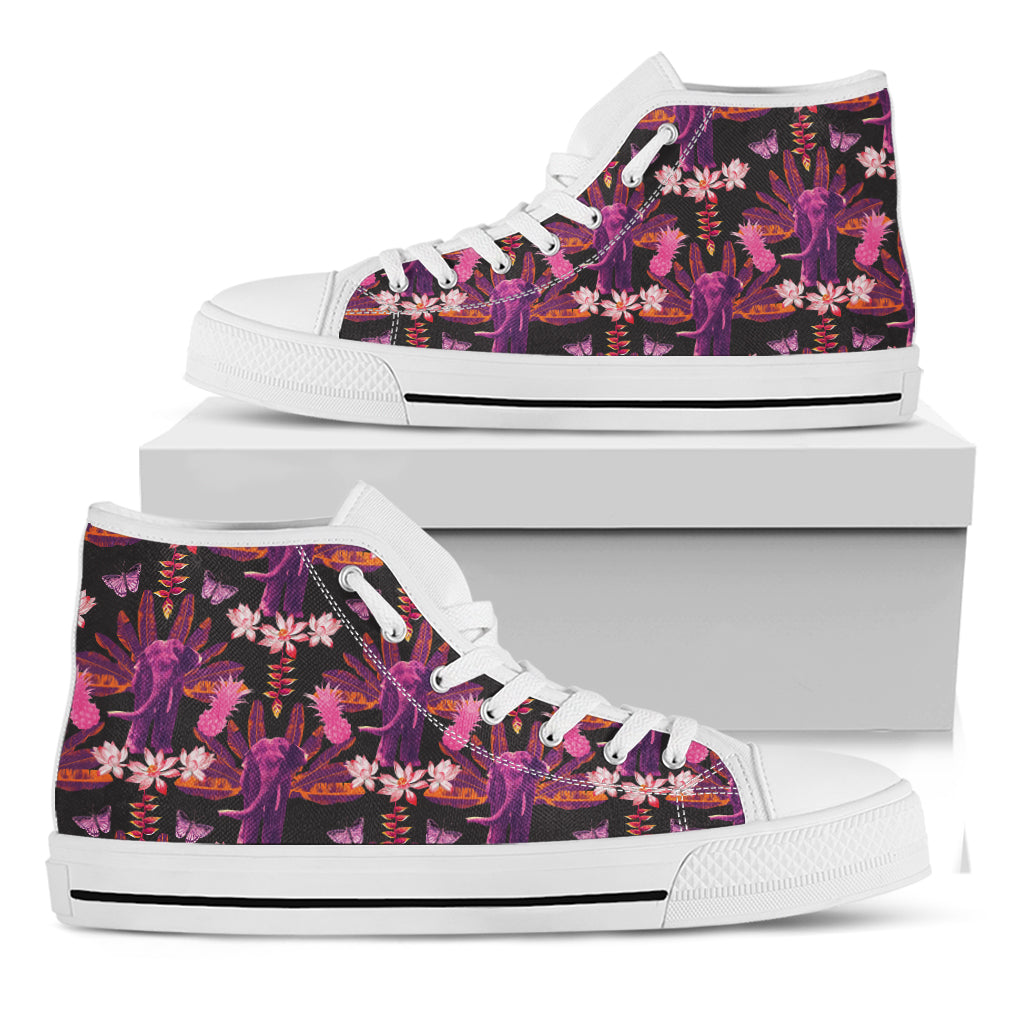 Purple Tropical Elephant Pattern Print White High Top Shoes