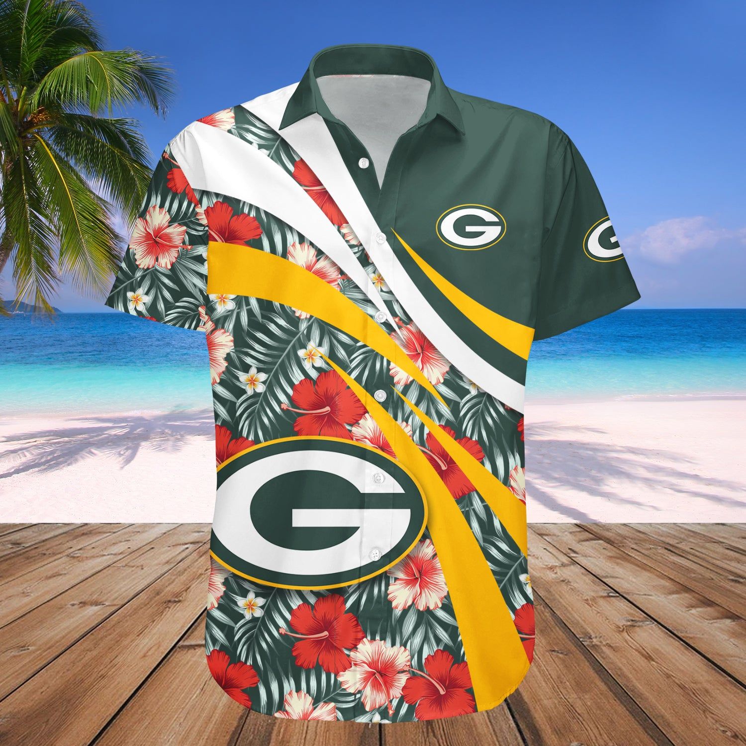 Foco Green Bay Packers Nfl Mens Hawaiian Button Up Shirt