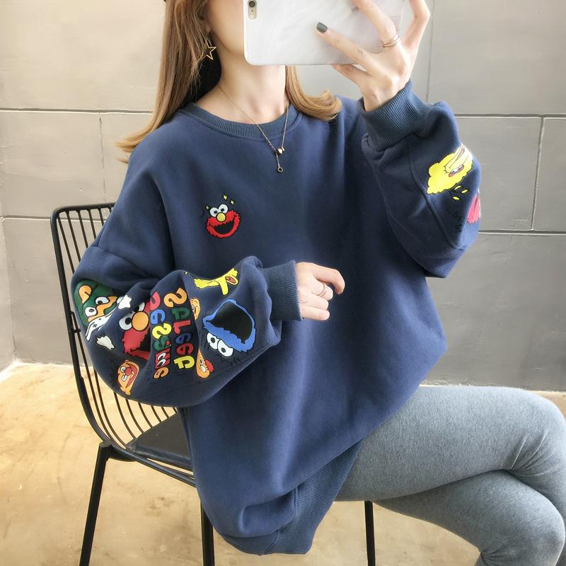 Spring 2022 Korean Loose Cartoon Print Oversized Hoodie Sweater O-neck Drop Sleeves Pullovers Tops Green Yellow Sweatshirts alx