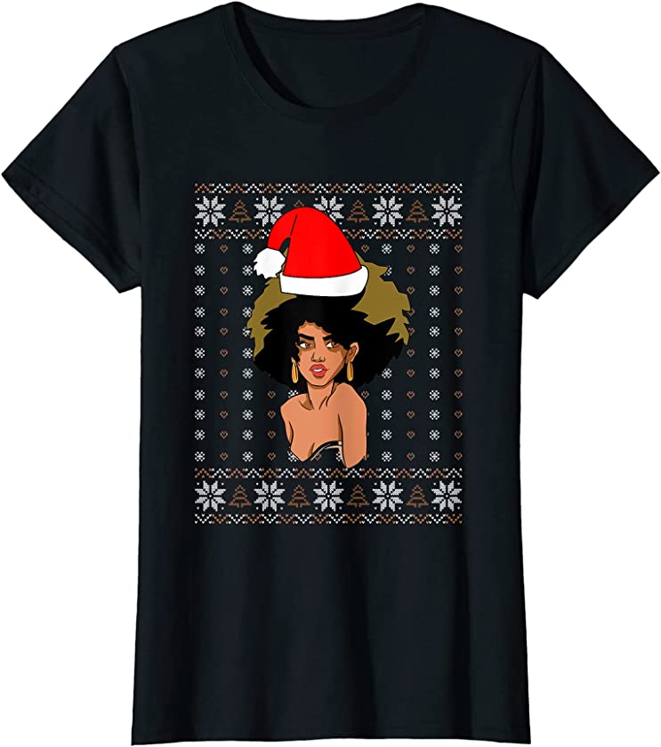 Womens African American Woman Santa Hat Christmas Melanin X-Mas Pj T-Shirt