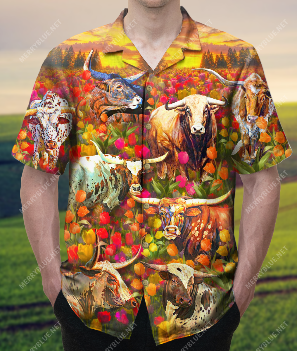 Texas Longhorn In Tulip Field Unisex Hawaii Shirt Ha69269