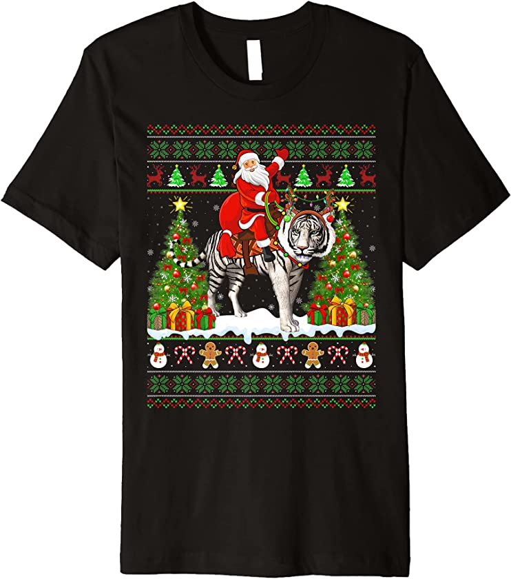 White Tiger Lover Ugly Santa Riding White Tiger Christmas Premium T-Shirt