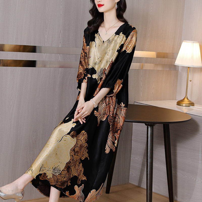 Special Summer Large Size Short Sleeve Silk Print Dress 2022 New Breathable Floral Dress Elegant Beach Style Knee-Length Dress alx