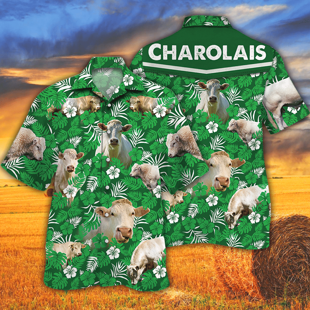 Charolais Cattle Lovers Green Floral Pattern Hawaii Cow Hawaii Shirt For Men Women Ha73964