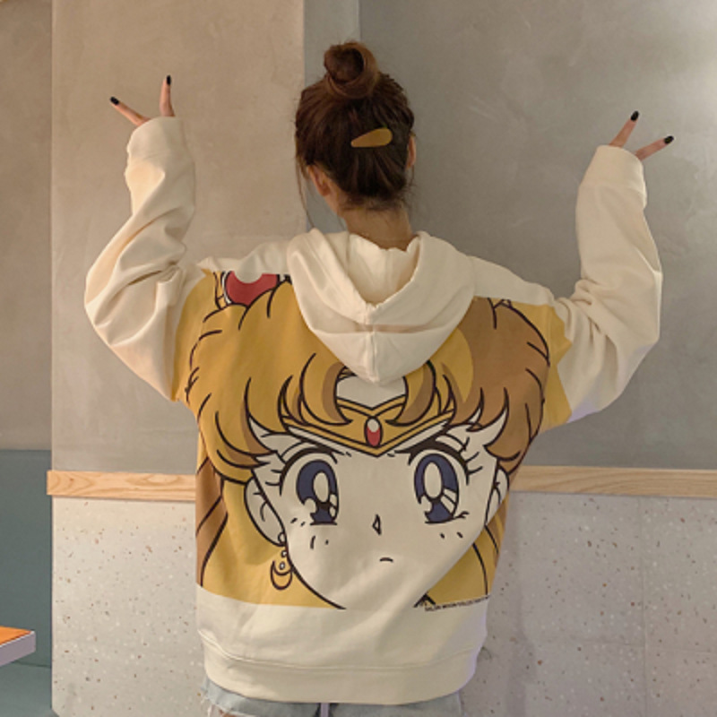 Women Harajuku Hooded Sweatshirt Cartoon Kawaii Funny Japanese Anime Printed Female Long Sleeves Hoodie Fashion Girl White Tops alx