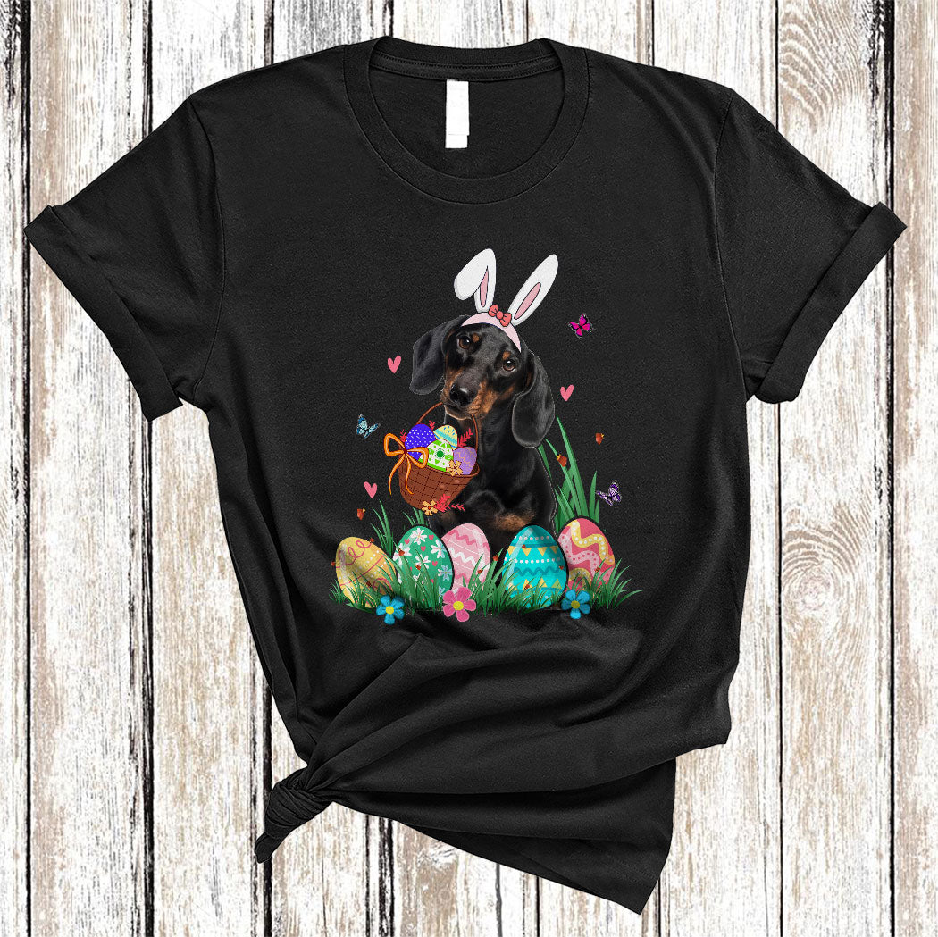 Bunny Dachshund With Easter Egg Basket Funny Easter Day Flower Egg Hunt Dog Lover Gifts T-Shirt